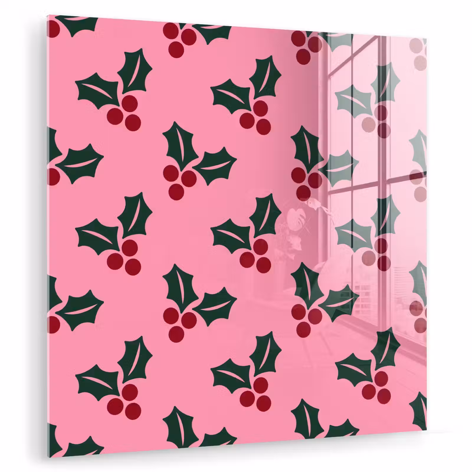 Glas schilderij - Roze - Kerst - Hulst — 1