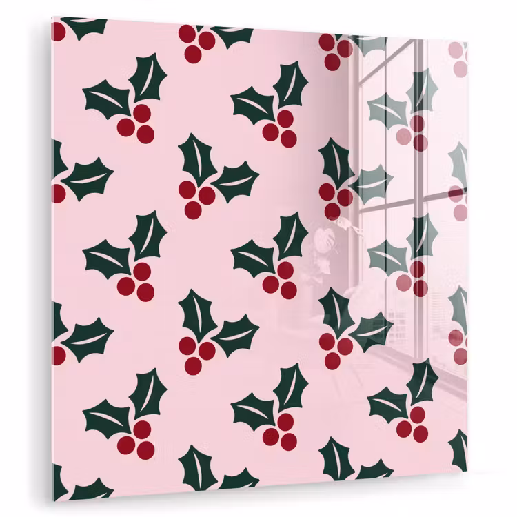 Glas schilderij - Kerst - Hulst - Groen - Roze — 1