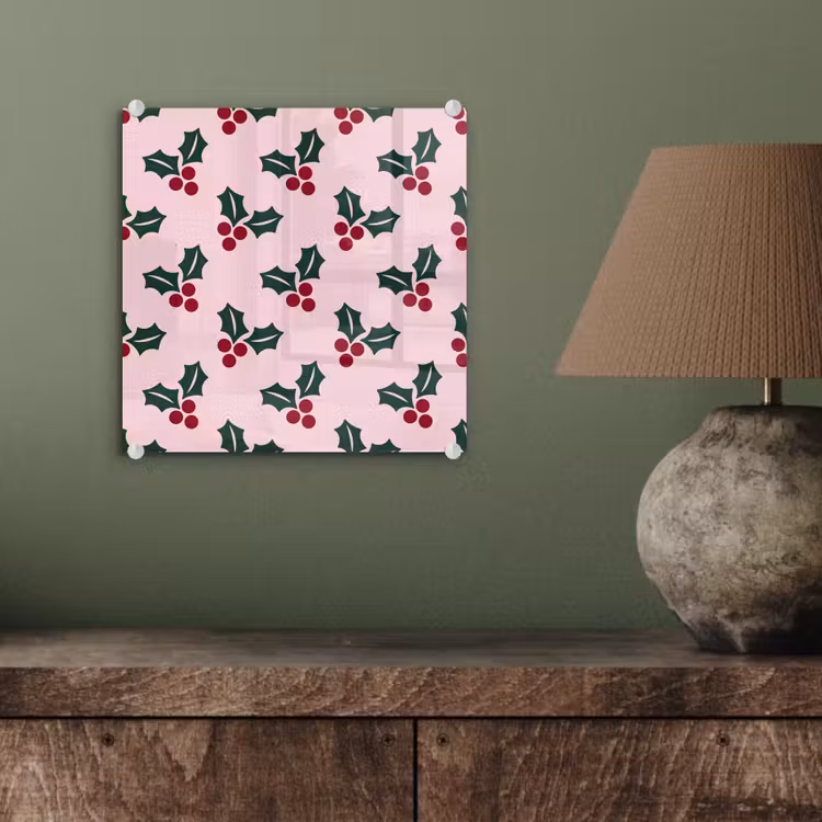 Glas schilderij - Kerst - Hulst - Groen - Roze — 4
