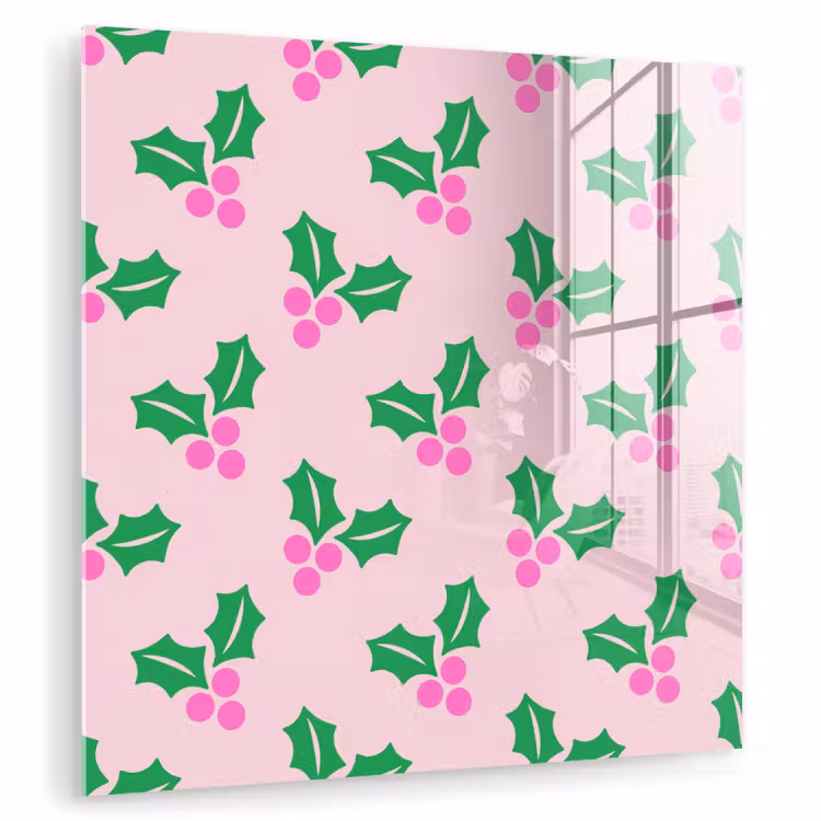 Glas schilderij - Kerst - Hulst - Roze — 1