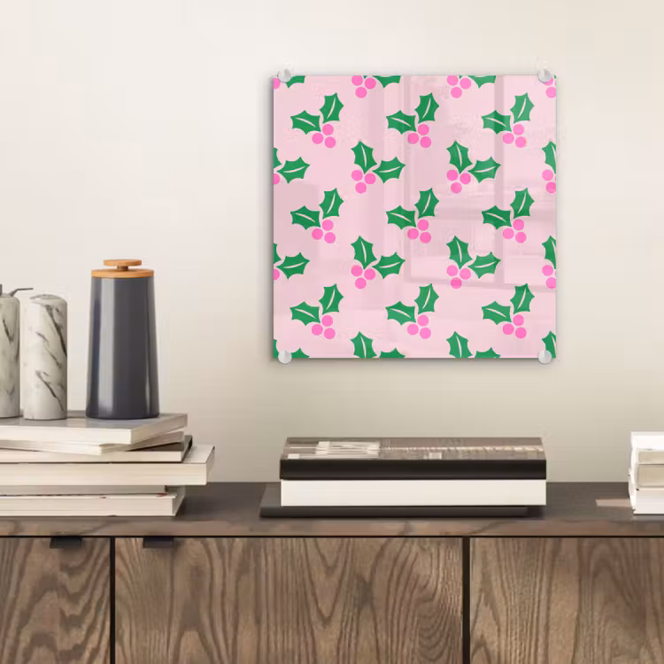Glas schilderij - Kerst - Hulst - Roze — 2
