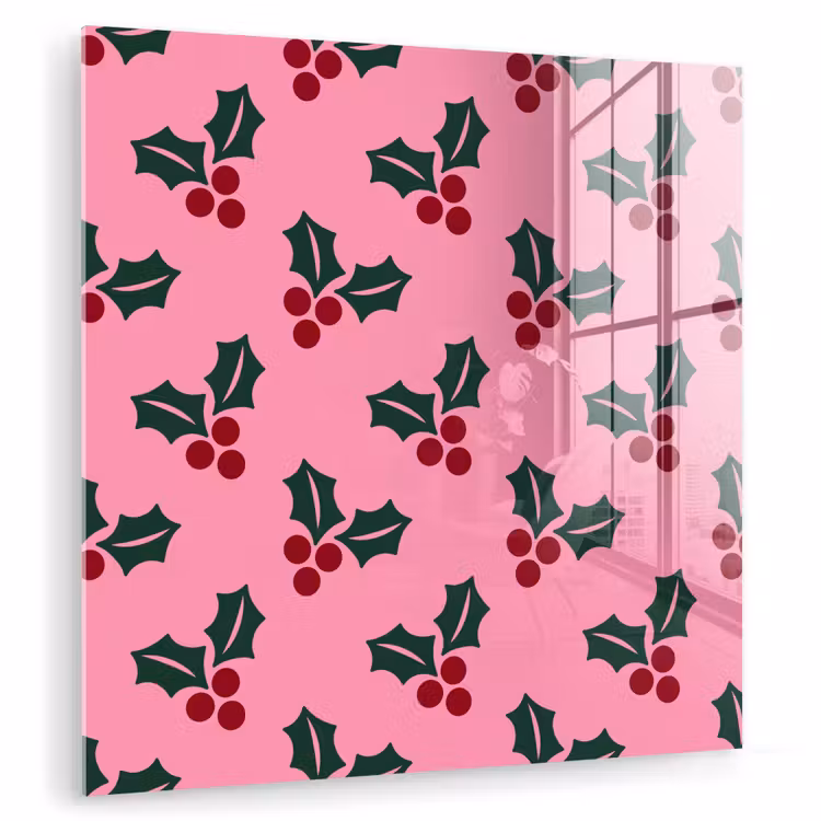 Glas schilderij - Roze - Kerst - Hulst — 1