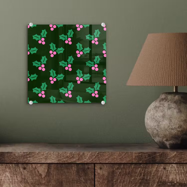 Glas schilderij - Hulst - Groen - Roze - Kerst — 4