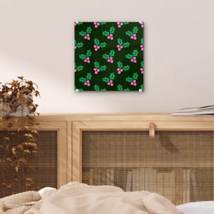 Glas schilderij - Hulst - Groen - Roze - Kerst — 5