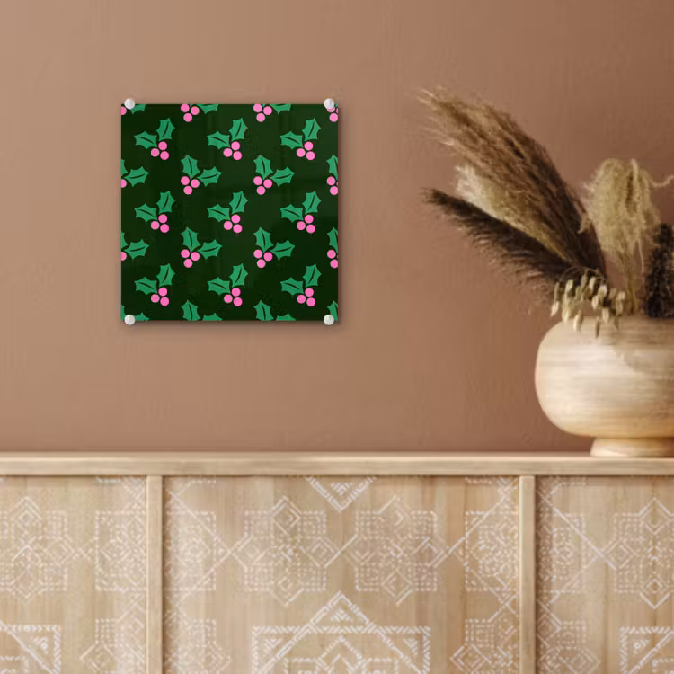 Glas schilderij - Hulst - Groen - Roze - Kerst — 6