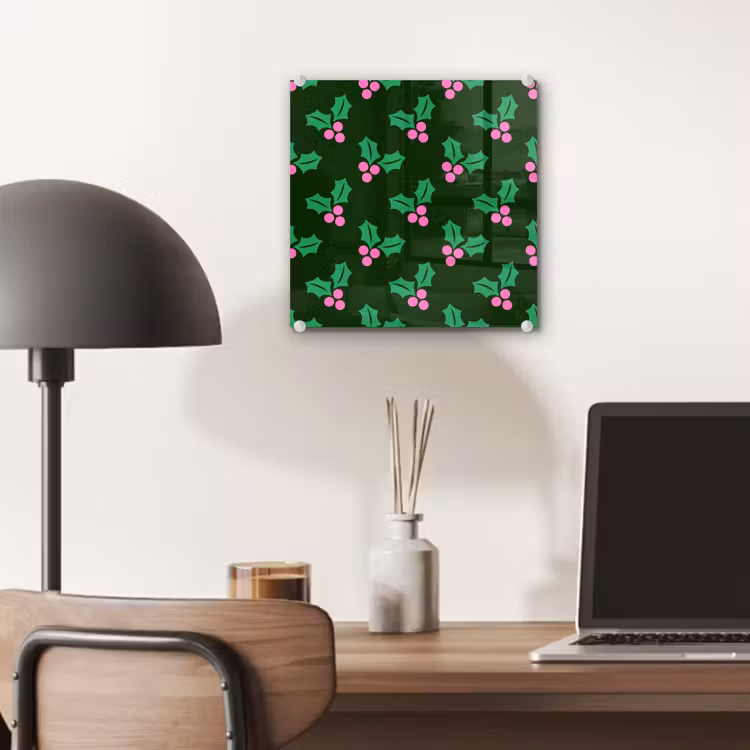 Glas schilderij - Hulst - Groen - Roze - Kerst — 7