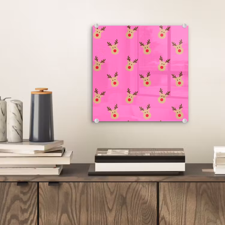 Glas schilderij - Rendieren - Kerst - Neon - Roze — 2
