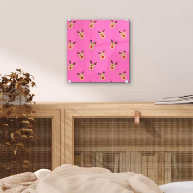 Glas schilderij - Rendieren - Kerst - Neon - Roze — 5