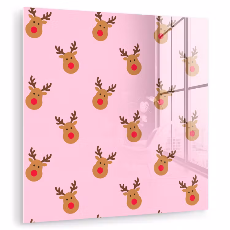 Glas schilderij - Rendieren - Kerst - Roze - Rood — 1