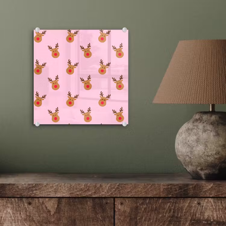 Glas schilderij - Rendieren - Kerst - Roze - Rood — 4