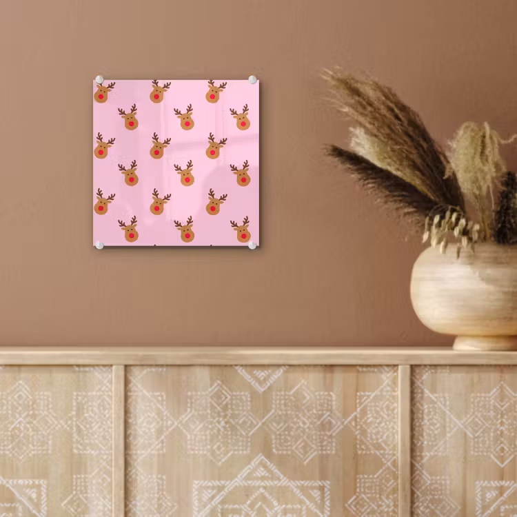 Glas schilderij - Rendieren - Kerst - Roze - Rood — 6