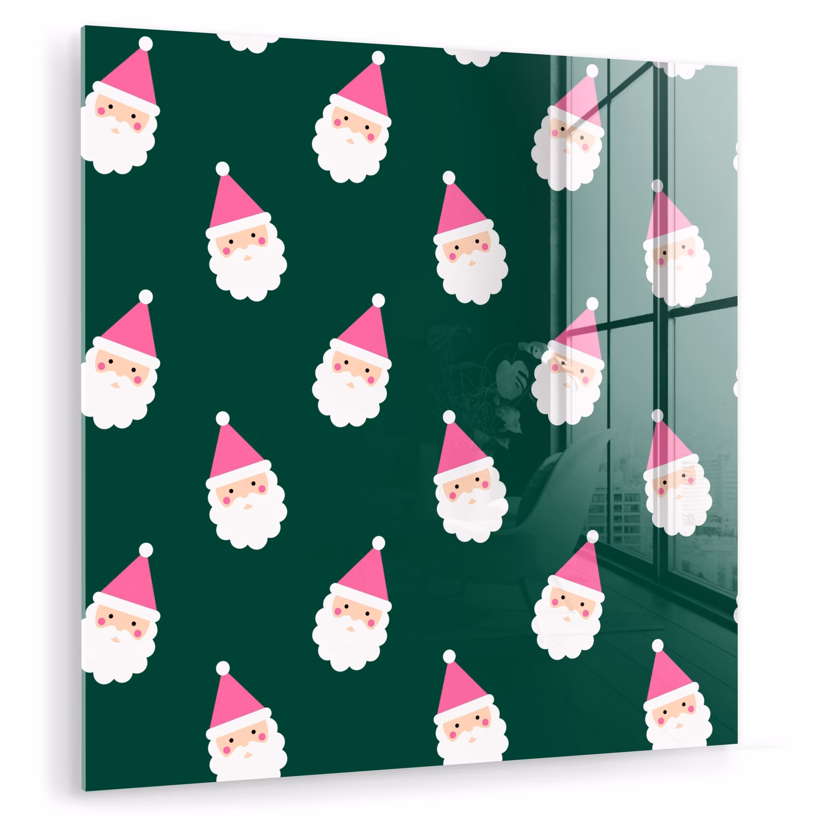 Glas schilderij - Kerstman - Kerst - Groen - Roze — 1