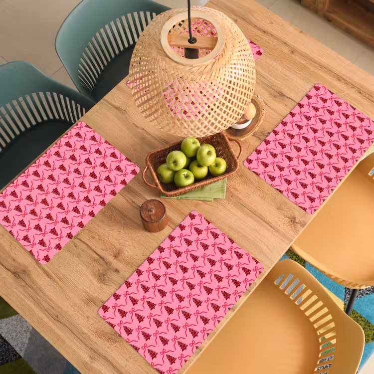 Placemat - 6 stuks - Kerst - Rood - Roze - Strik — 4