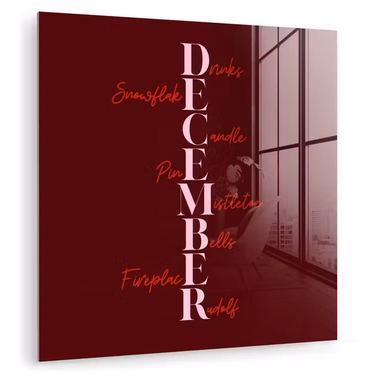 Glas schilderij - December - Tekst - Kerst - Burgundy