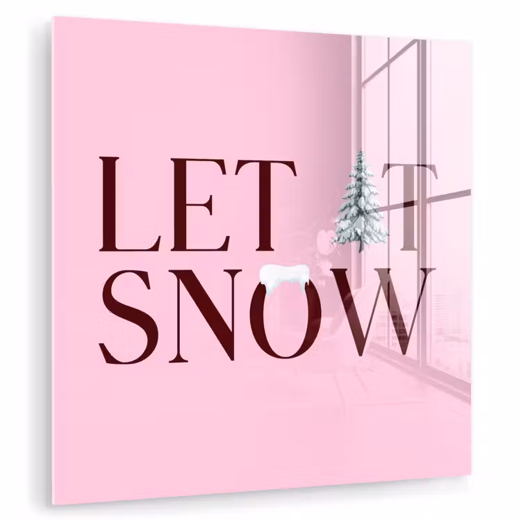 Glas schilderij - Kerst - Tekst - Sneeuw - Roze