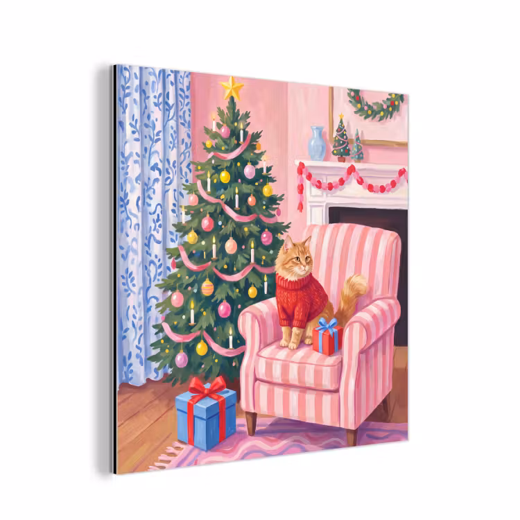 Aluminium schilderij - Kat - Kerst - Interieur — 1