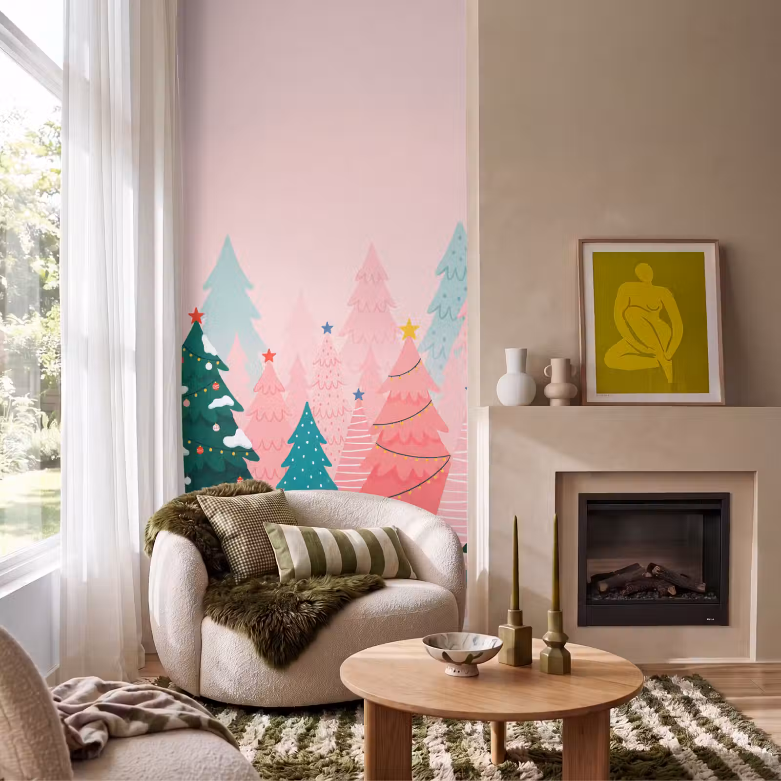 Behang - Kerstbomen - Illustratie - Roze — 1