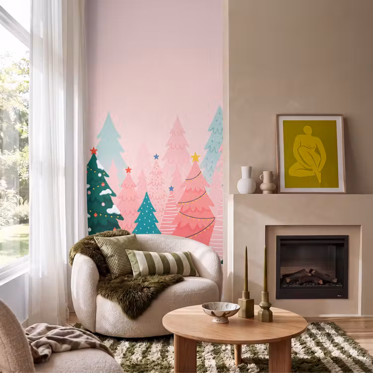 Behang - Kerstbomen - Illustratie - Roze — 1