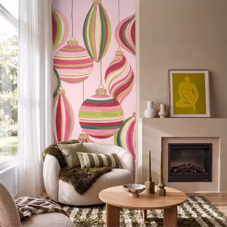 Behang - Kerstversiering - Gestreept - Roze — 1