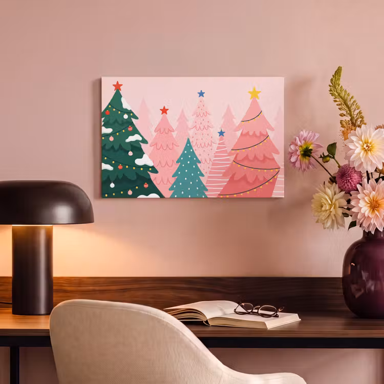 Canvas schilderij - Kerstbomen - Illustratie - Roze — 6