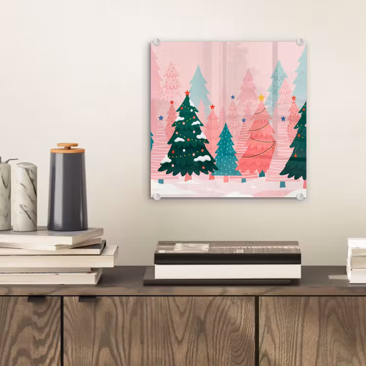 Glas schilderij - Kerstbomen - Illustratie - Roze — 2