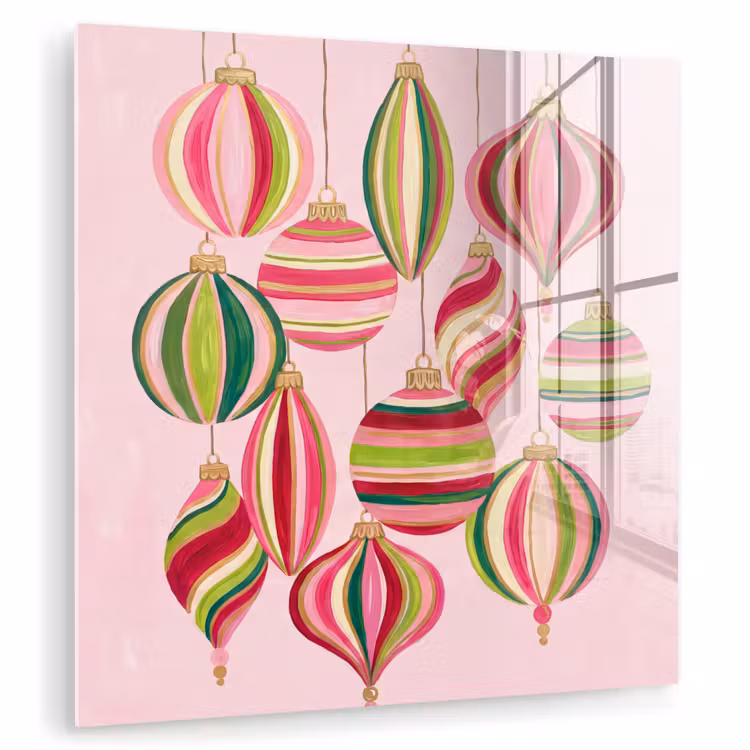 Glas schilderij - Kerstversiering - Gestreept - Roze