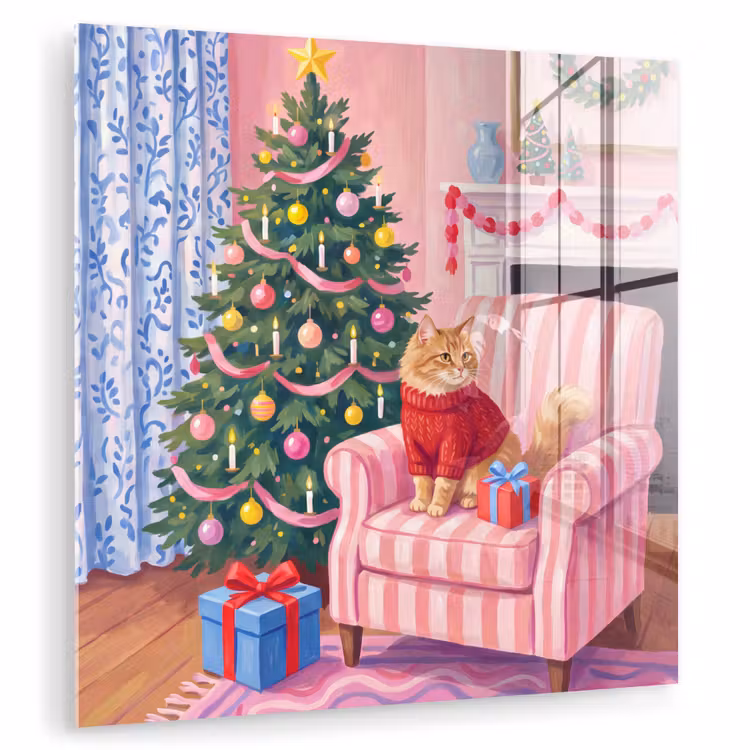 Glas schilderij - Kat - Kerst - Interieur