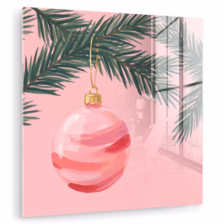 Glas schilderij - Kerstbal - Roze - Kerst