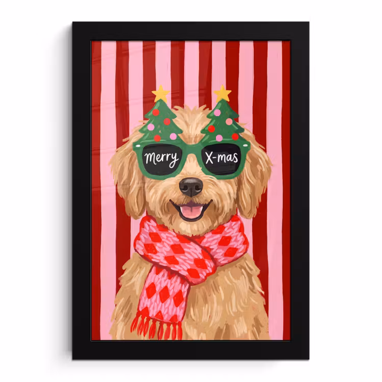 Poster met lijst - Hond - Kerst - Rood