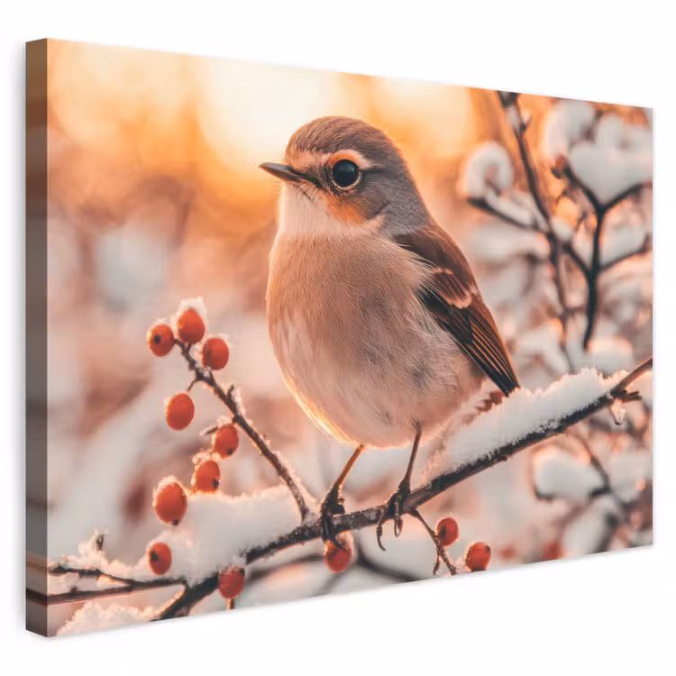 Canvas schilderij - Vogel - Tak - Winter - Dieren - Sneeuw — 1