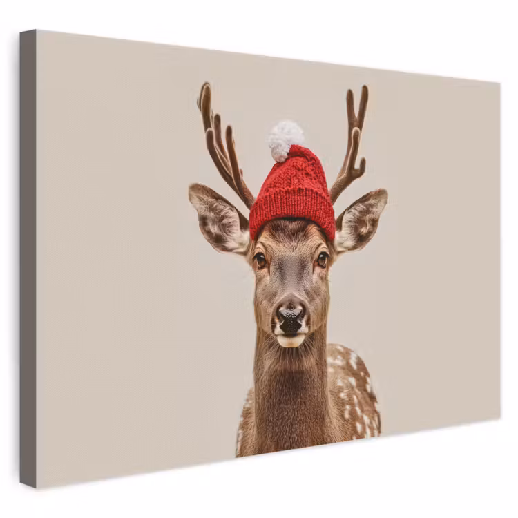 Canvas schilderij - Hert - Kerst - Muts - Dieren - Winter - Grappig — 1