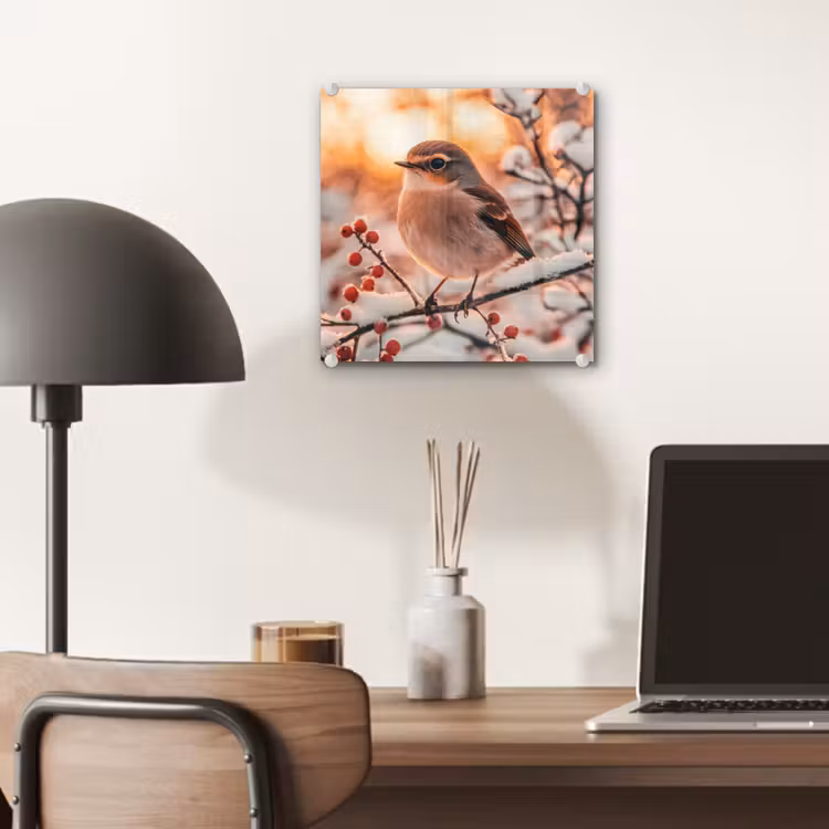 Glas schilderij - Vogel - Tak - Winter - Dieren - Sneeuw — 7