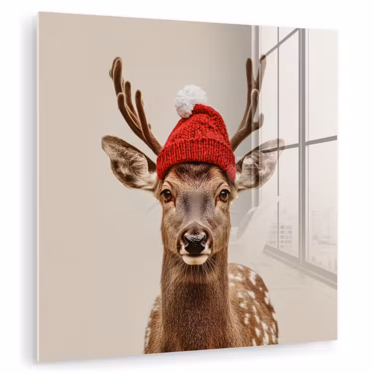 Glas schilderij - Hert - Kerst - Muts - Dieren - Winter - Grappig — 1