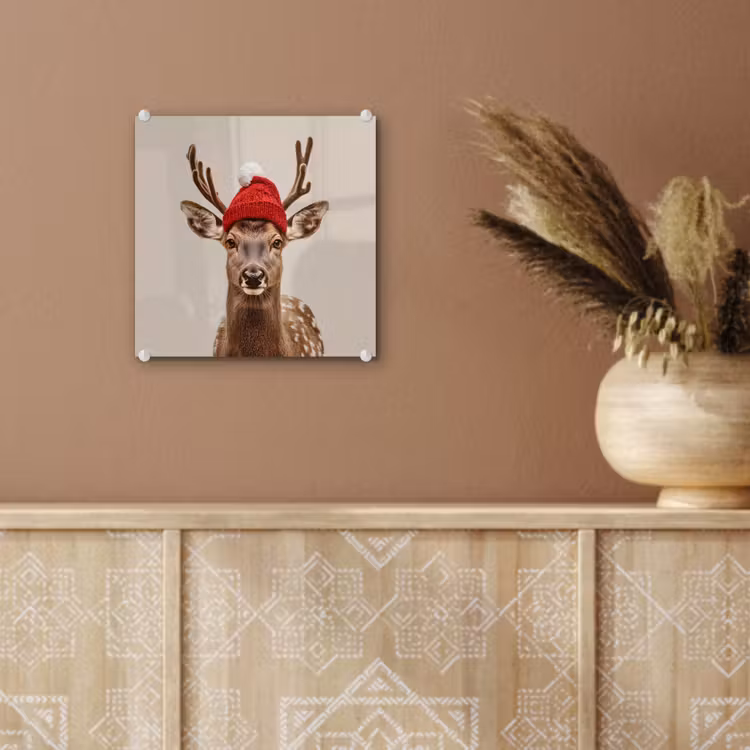 Glas schilderij - Hert - Kerst - Muts - Dieren - Winter - Grappig — 6