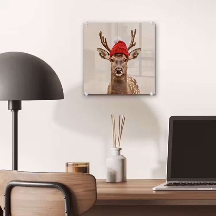 Glas schilderij - Hert - Kerst - Muts - Dieren - Winter - Grappig — 7