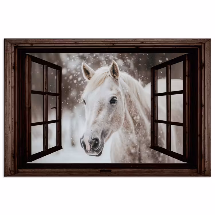 Poster - Doorkijk - Paard - Wit - Winterlandschap - Sneeuw — 1