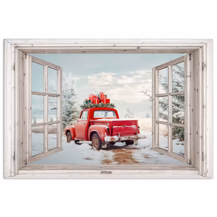 Poster - Auto - Rood - Cadeaus - Winter - Kerst - Doorkijk - Wit — 1