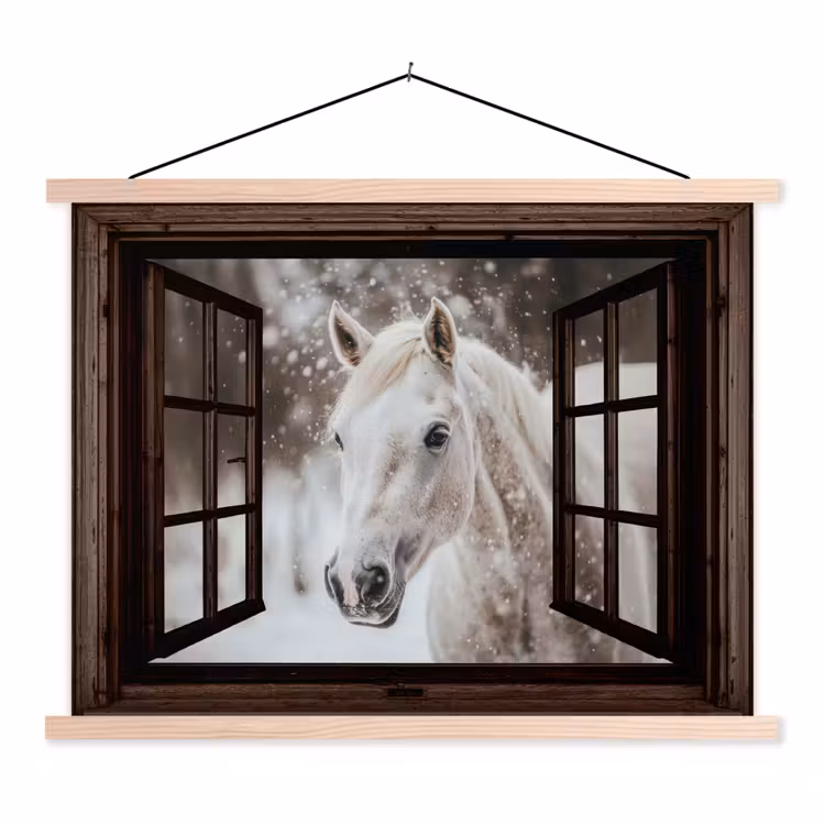 Schoolplaat - Doorkijk - Paard - Wit - Winterlandschap - Sneeuw — 1