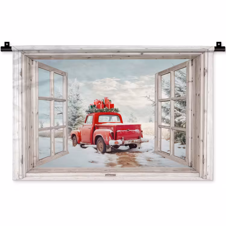 Wandkleed - Auto - Rood - Cadeaus - Winter - Kerst - Doorkijk - Wit — 1