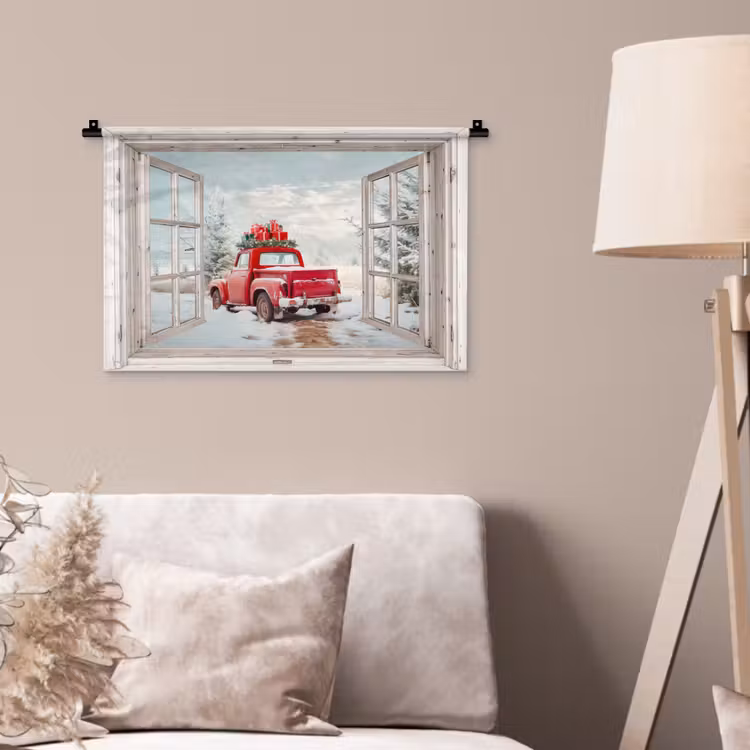 Wandkleed - Auto - Rood - Cadeaus - Winter - Kerst - Doorkijk - Wit — 2