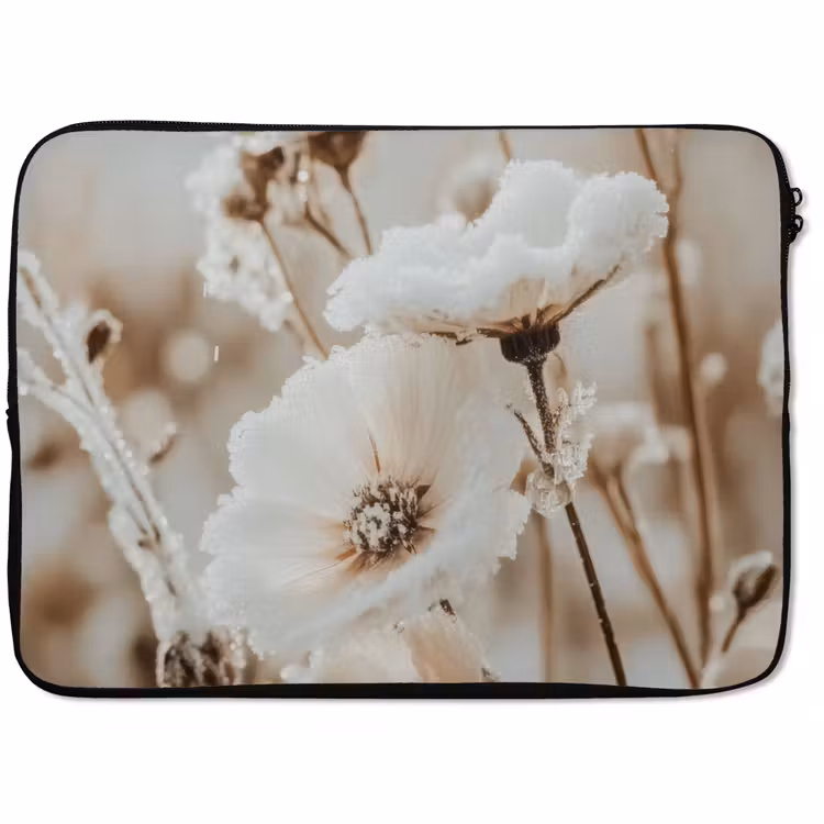 Laptophoes - Bloemen - Winter - Wit - Sneeuw - Beige — 1