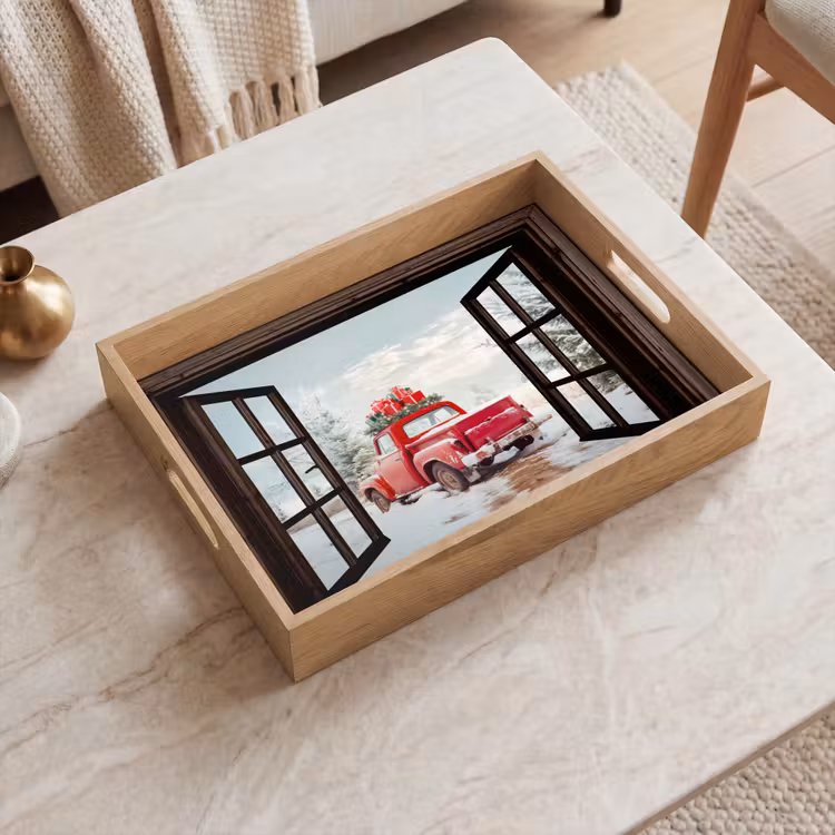 Dienblad - Doorkijk - Auto - Rood - Cadeaus - Winterlandschap - Kerst — 2
