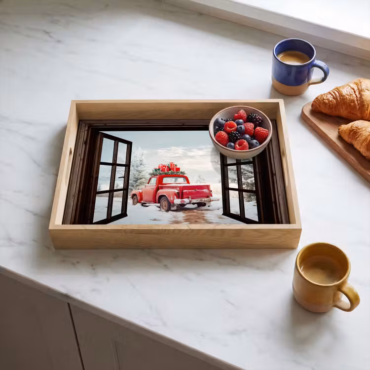 Dienblad - Doorkijk - Auto - Rood - Cadeaus - Winterlandschap - Kerst — 4