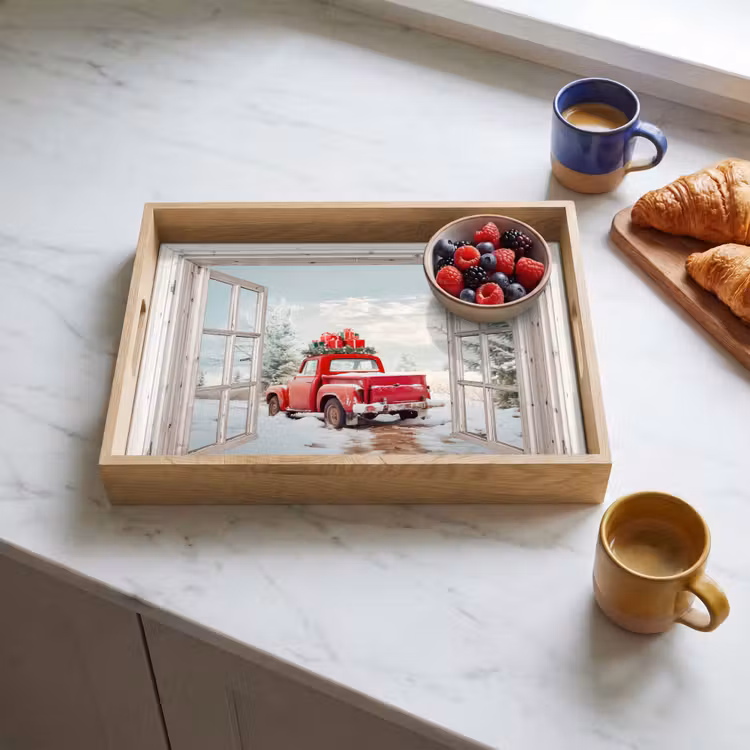 Dienblad - Auto - Rood - Cadeaus - Winter - Kerst - Doorkijk - Wit — 4