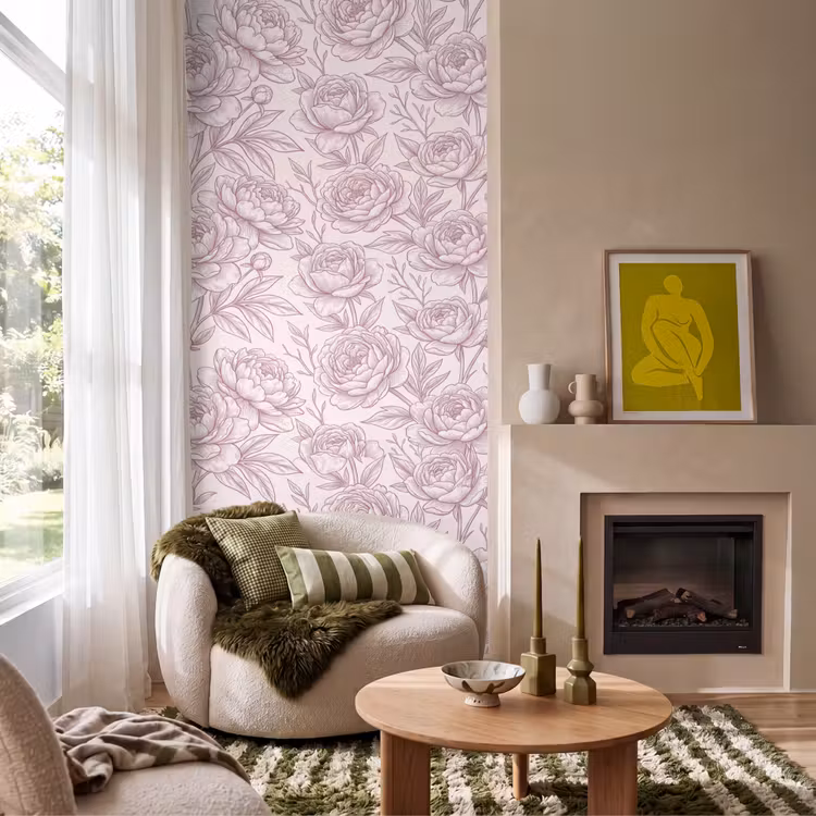 Behang - Bloemen - Lijntekening - Roze β 1