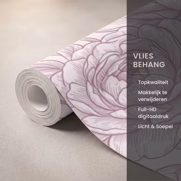 Behang - Bloemen - Lijntekening - Roze β 3