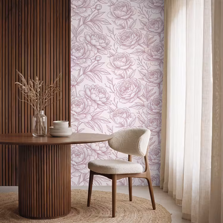 Behang - Bloemen - Lijntekening - Roze β 4