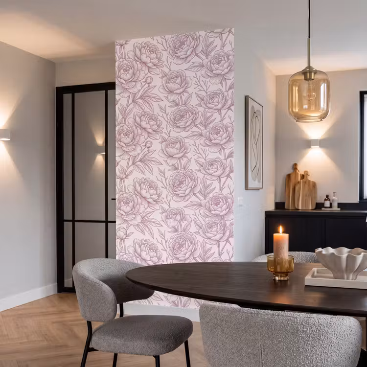 Behang - Bloemen - Lijntekening - Roze β 5
