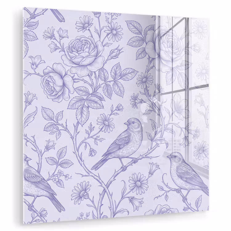 Glas schilderij - Bloemen - Vogel - Tekening — 1
