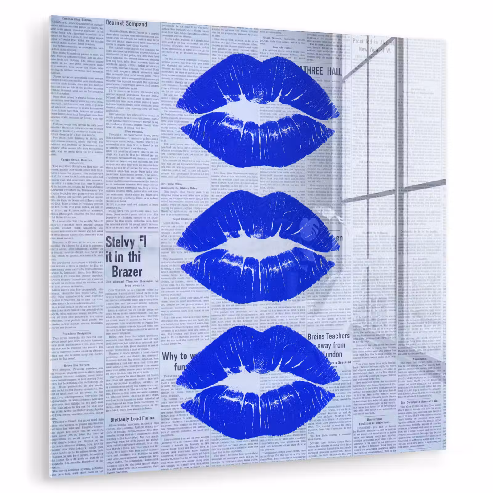 Glas schilderij - Blauwe lippen krant — 1
